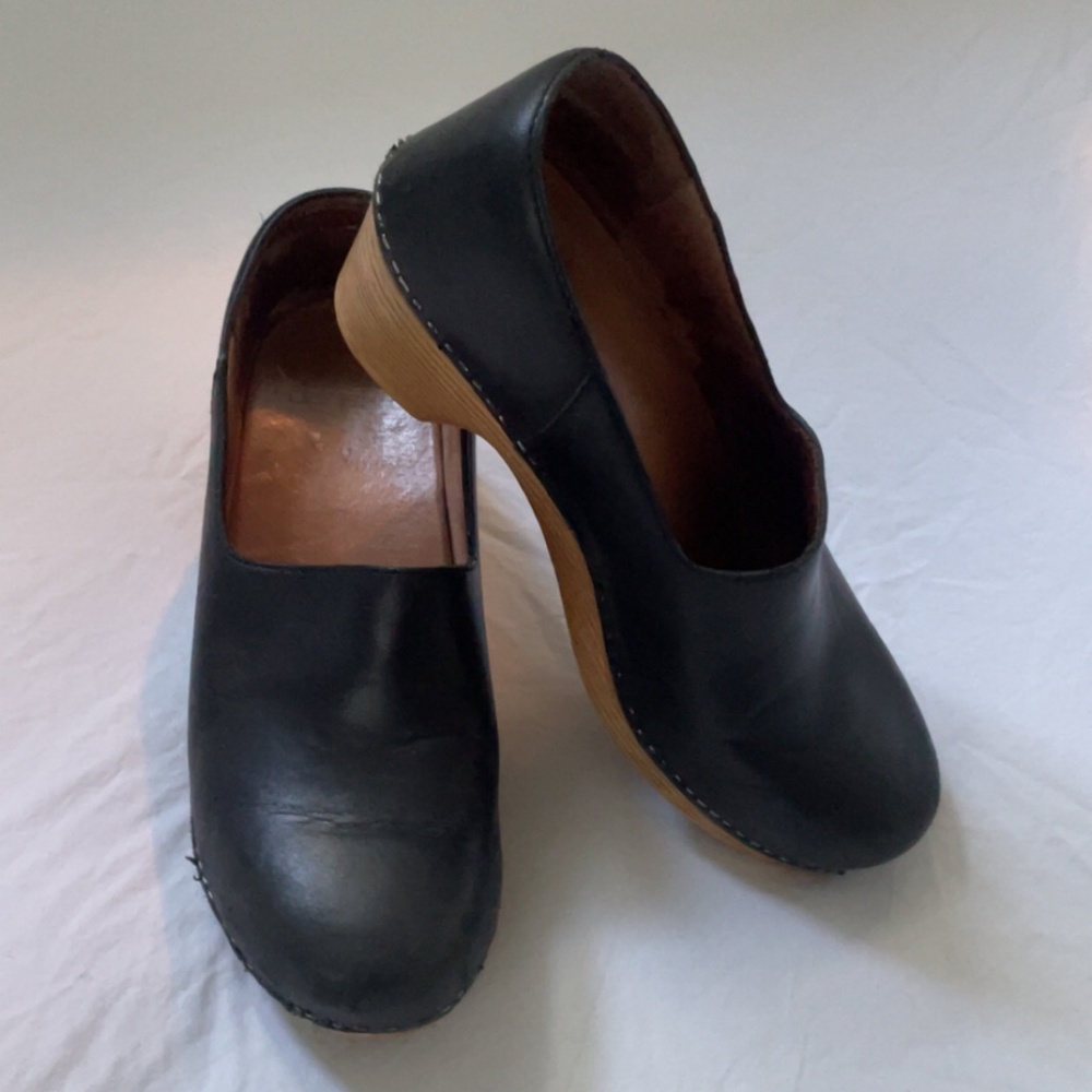 Dansko Black Leather & Wood Clogs